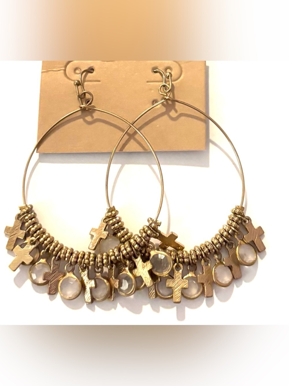 Fashion Jewelry Gold Hoop Earrings with Cross and Bead Charms